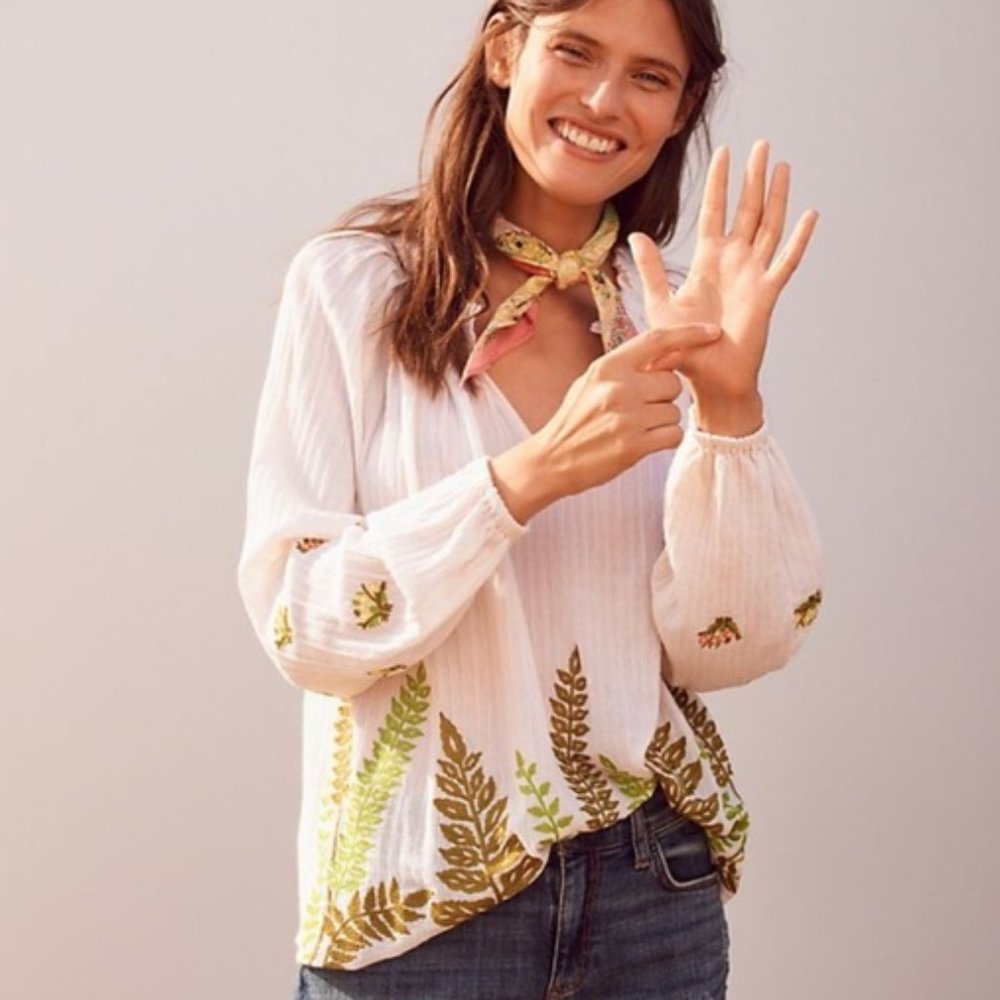 Ranna Gill Botanical Embroidered Peasant Top Sz XL